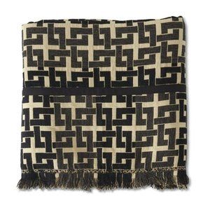 90 Inch Cream & Black Geometric Woven Linen Throw Blanket w/Fringe